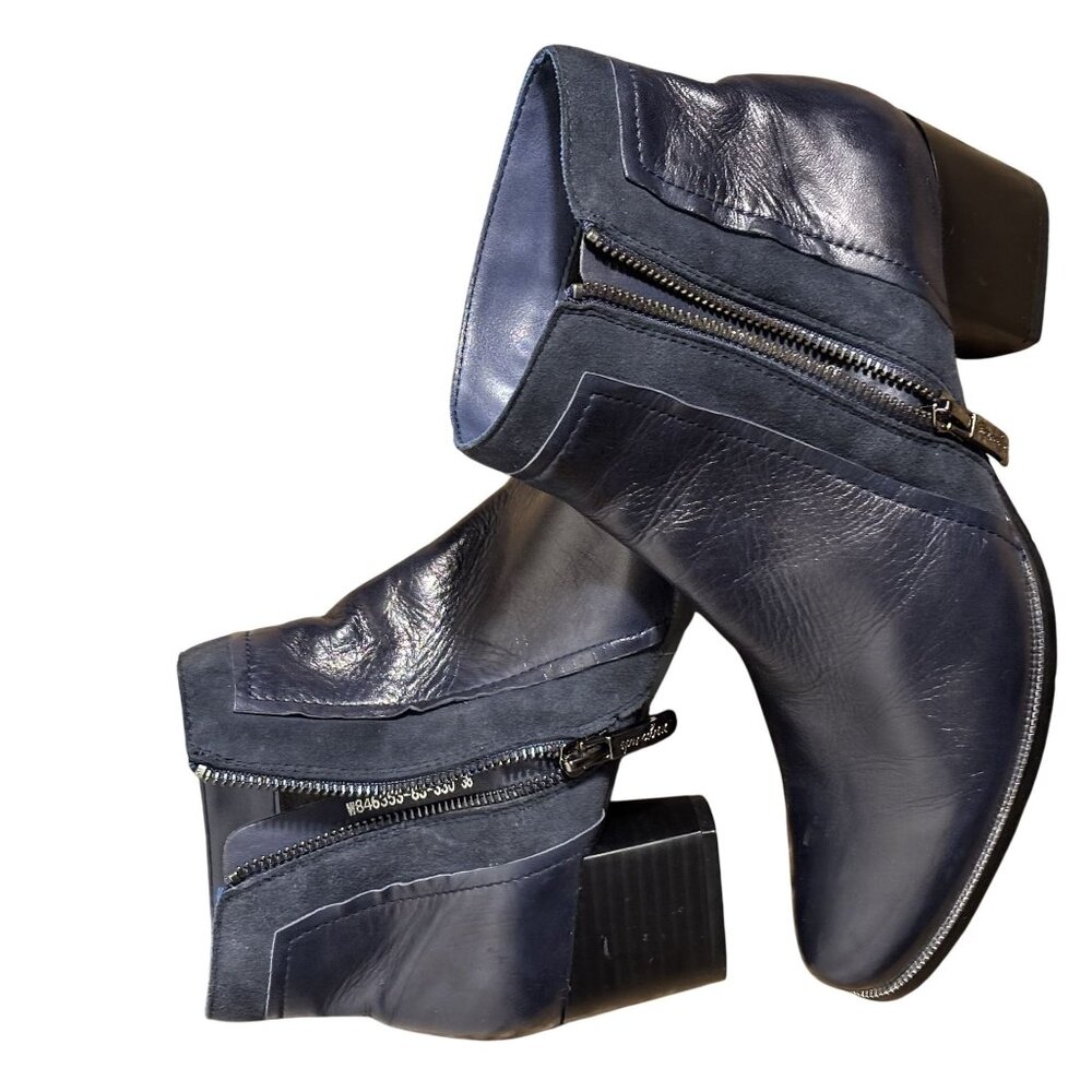 Regarde Le Ciel Navy Leather & Suede Ankle Boots W/ Zipper Closure & Block Heel - Picture 4 of 8